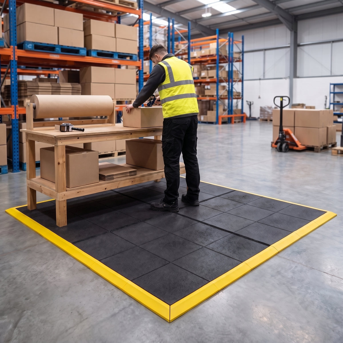 Interlocking anti-fatigue rubber tiles with yellow bevelled edging at a warehouse packing station
