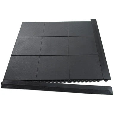 Anti-fatigue rubber tile with black bevelled safety ramp edging fitted