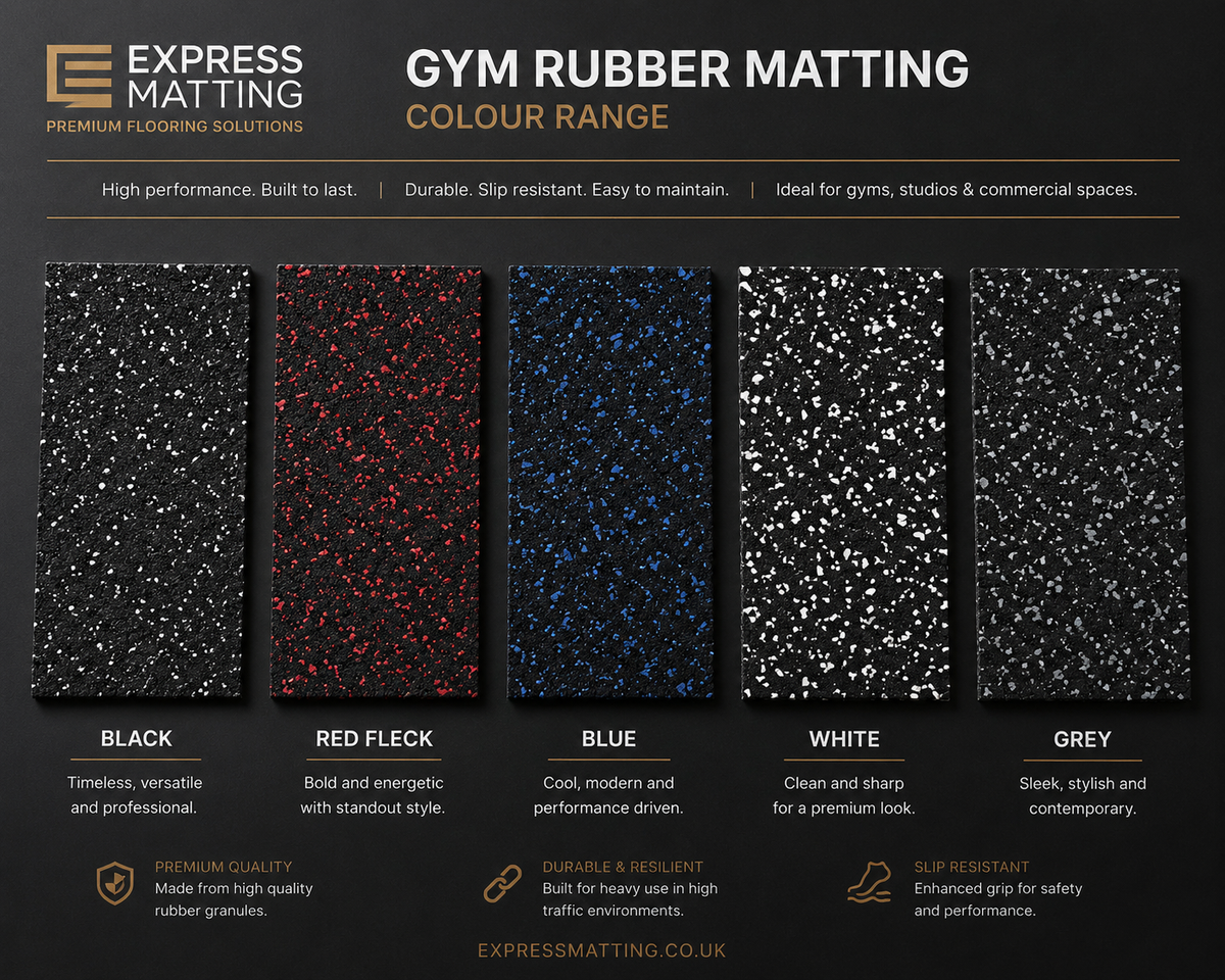 Gym rubber flooring colour chart showing Black, Red Fleck, Blue Fleck and White Fleck