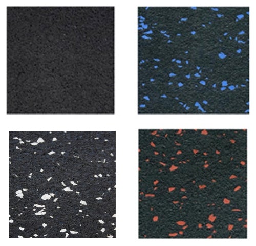 Commercial rubber matting colour chart: Black, Blue fleck, White fleck and Red fleck